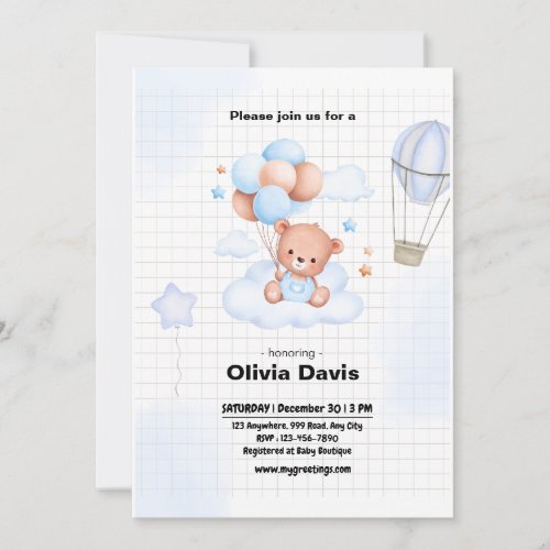 Baloon with Teddy Bear Baby Shower Invitation