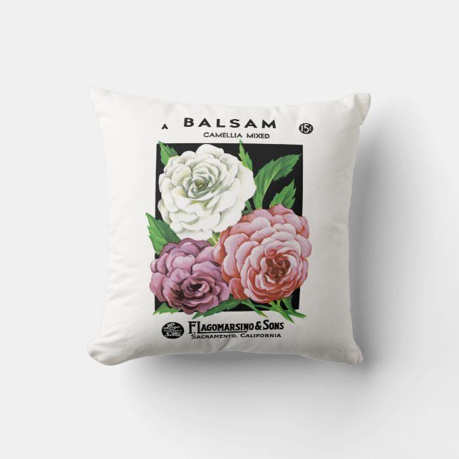 Balsam Seed Packet Label Throw Pillow (Front)