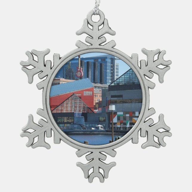 Baltimore Inner Harbor Snowflake Pewter Christmas Ornament (Front)