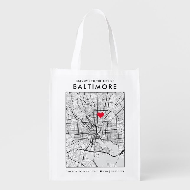 Baltimore Love Locator | City Map Wedding Welcome Grocery Bag (Front)