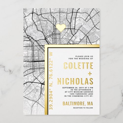 Baltimore Love Locator  City Themed Wedding Foil Invitation