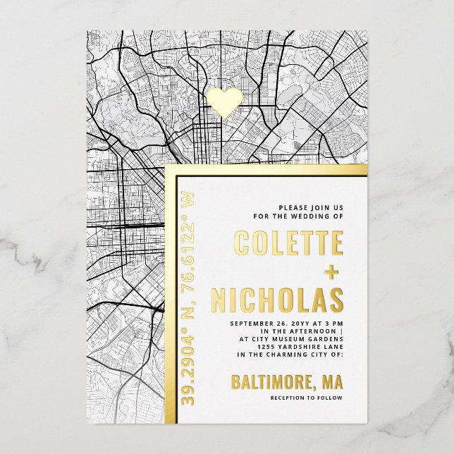 Baltimore Love Locator | City Themed Wedding Foil Invitation (Front)