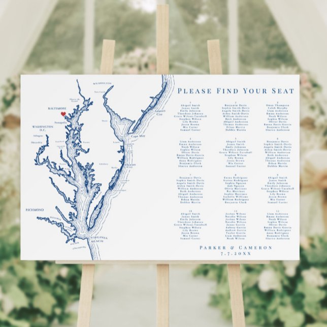 Baltimore Maryland 12 table Wedding Seating Chart Foam Board (Baltimore Maryland Chesapeake Bay Map Wedding Seating Chart for 12 tables
)