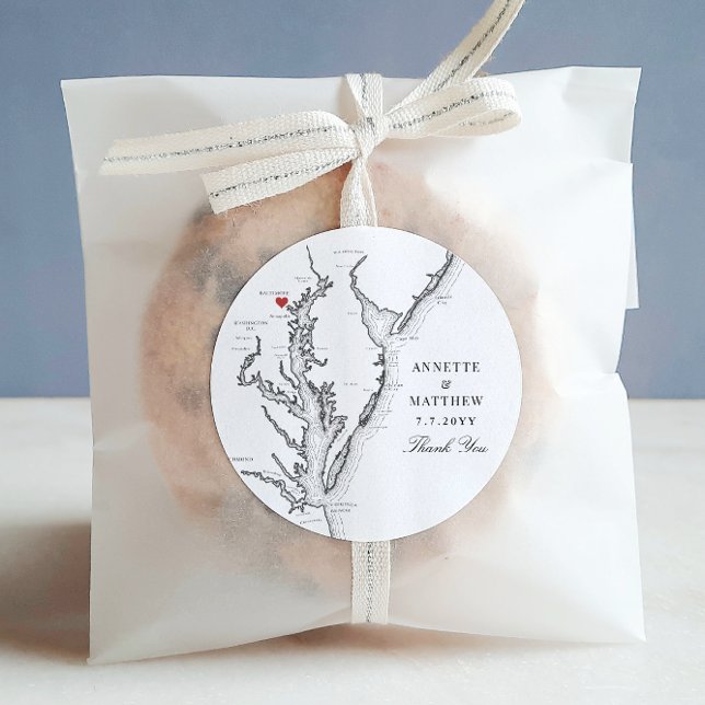 Baltimore Maryland Black White Wedding Favor Classic Round Sticker (Baltimore MD Wedding Favor Sticker with Elegant black and white Chesapeake Bay map)