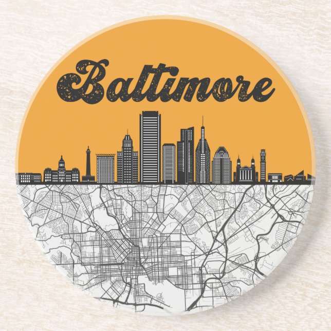 Baltimore Maryland City Skyline With Map Coaster (Front)