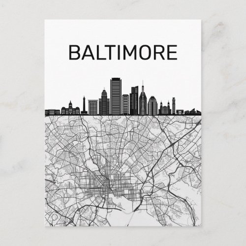 Baltimore Maryland City Skyline With Map Postcard