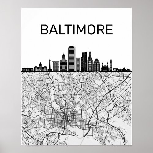 Baltimore Maryland City Skyline With Map Poster