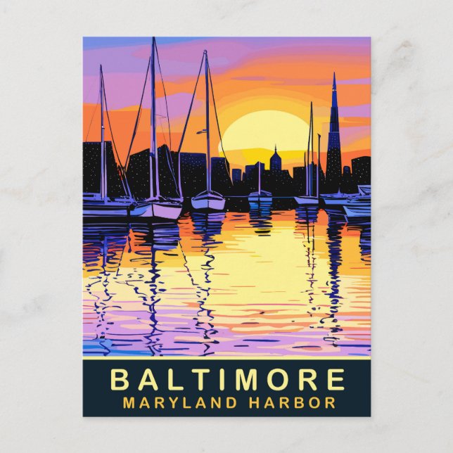 Baltimore, Maryland Harbor, Sunset, Travel Postcard (Front)