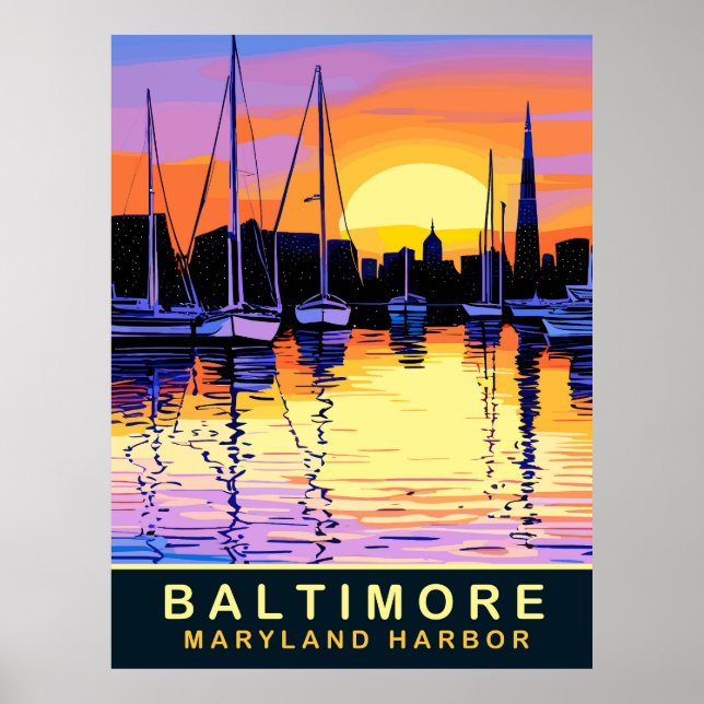 Baltimore, Maryland Harbor, Sunset, Travel Poster (Front)