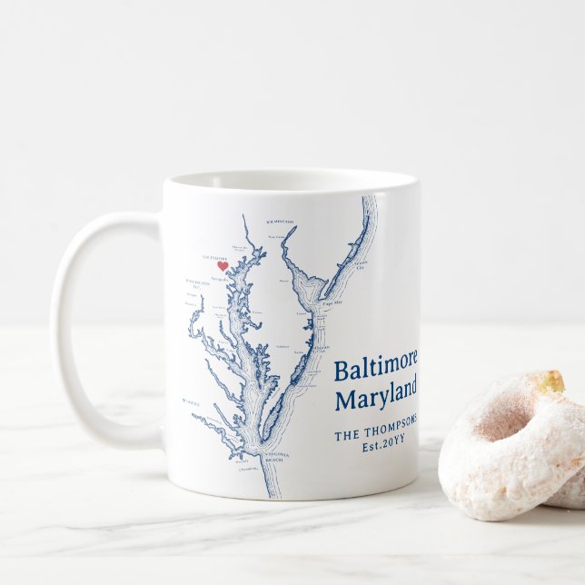 Baltimore Maryland Map Gift Navy Blue Coffee Mug (With Donut)