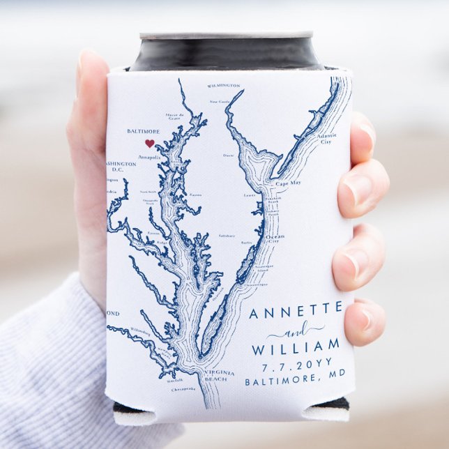 Baltimore Maryland Modern Wedding Can Cooler (This Chesapeake Bay map can coozie is the perfect wedding favor for your Baltimore, Maryland wedding)