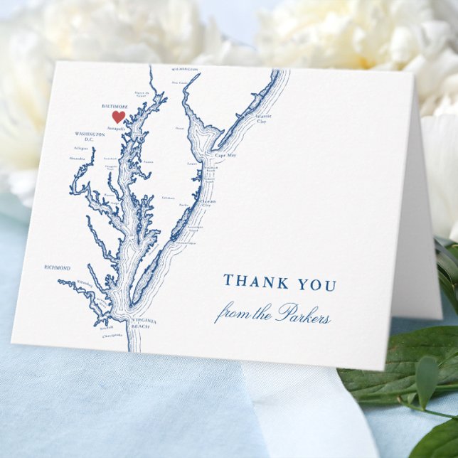 Baltimore Maryland Navy Blue Map Personalized Letterpress Thank You Card (Baltimore Personalized Wedding thank you card in elegant navy blue from Coastal Map Designs)