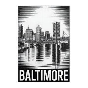 Baltimore Maryland Skyline Black White Woodcut Acrylic Print