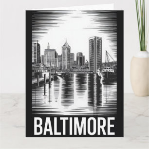 Baltimore Maryland Skyline Black White Woodcut Card