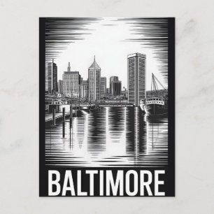 Baltimore Maryland Skyline Black White Woodcut Holiday Postcard