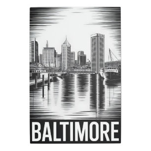 Baltimore Maryland Skyline Black White Woodcut Metal Print