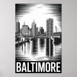 Baltimore Maryland Skyline Black White Woodcut Poster