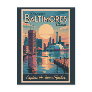 Baltimore Maryland Skyline Travel Art Vintage Postcard