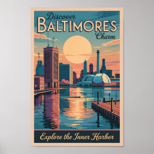 Baltimore Maryland Skyline Travel Art Vintage Poster