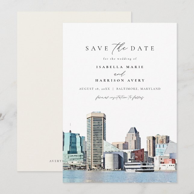 BALTIMORE Maryland Skyline Travel Save the Date Invitation (Front/Back)