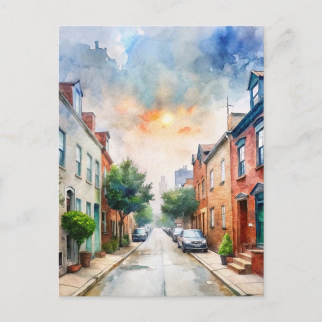 Baltimore, Maryland, USA Street Watercolor Postcard (Front)