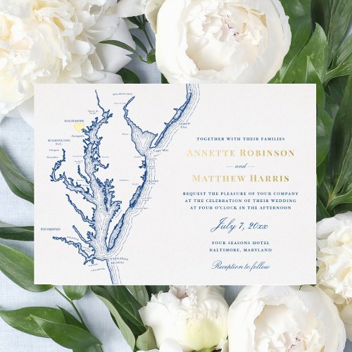 Baltimore Maryland Wedding Navy and Gold  Foil Invitation