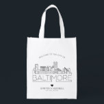 Baltimore, Maryland Wedding | Stylized Skyline Grocery Bag<br><div class="desc">A unique wedding bag for a wedding taking place in the beautiful city of Baltimore, Maryland. This bag features a stylized illustration of the city's unique skyline with its name underneath. This is followed by your wedding day information in a matching open-lined style. This item is part of a larger...</div>