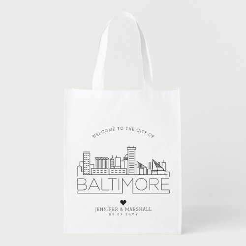 Baltimore Maryland Wedding  Stylized Skyline Grocery Bag