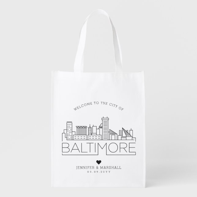 Baltimore, Maryland Wedding | Stylized Skyline Grocery Bag (Front)