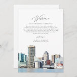 BALTIMORE MARYLAND Welcome Letter Timeline Card<br><div class="desc">This wedding welcome letter and timeline features a watercolor painting of the Baltimore, Maryland skyline. This timeline is the perfect addition to your tropical destination wedding welcome bags. Easily edit *most* wording on this timeline. Click 'click to customize further' in the personalization section to open up the full editor. To...</div>
