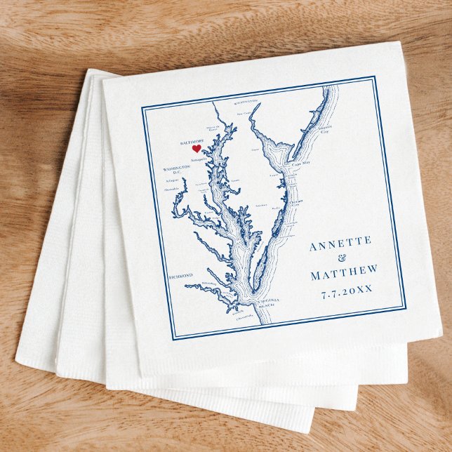 Baltimore MD Chesapeake Bay Map Elegant Wedding Napkins (These Baltimore Maryland Map napkins are perfect for your Chesapeake Bay Destination Wedding)