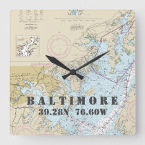Baltimore MD Latitude Longitude Nautical Chart Square Wall Clock