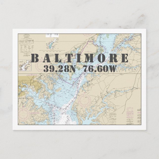 Baltimore MD Nautical Chart Latitude Longitude Postcard (Front)