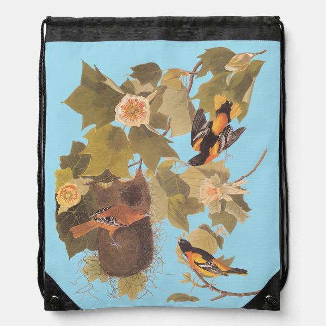 Baltimore Oriole Audubon Birds in Poplar Tree Drawstring Bag (Front)