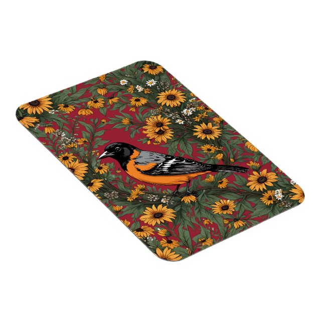 Baltimore Oriole Bird And Black Eyed Susan Flowers Magnet (Right Side)