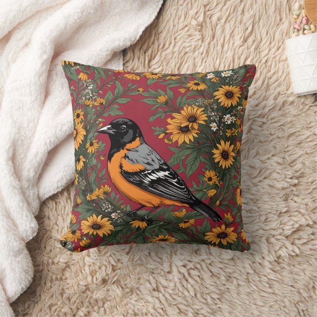 Baltimore Oriole Bird And Black Eyed Susan Flowers Throw Pillow (Blanket)