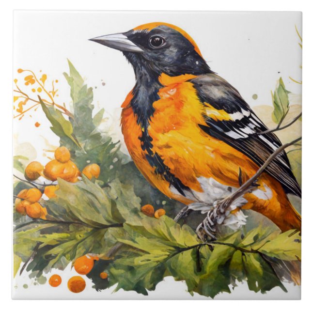 Baltimore Oriole On A Branch of Berries Ceramic Tile (Front)