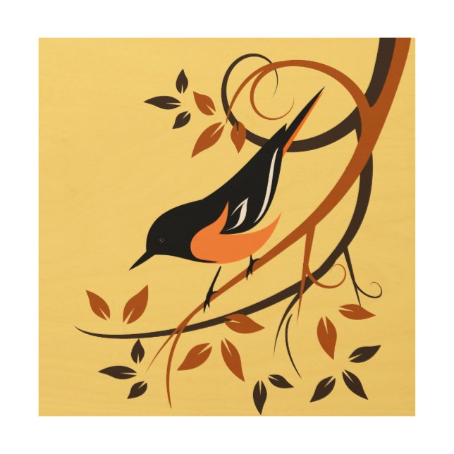Baltimore Oriole Stylized Bird Design Wood Wall Art (Front)