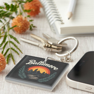 Baltimore Retro Skyline with Sunset Keychain
