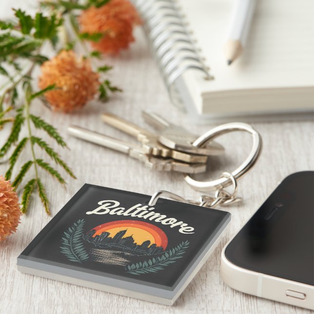 Baltimore Retro Skyline with Sunset  Keychain (Front Right)