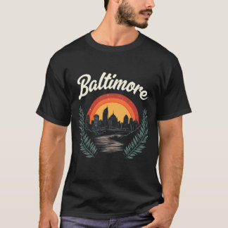 Baltimore Retro Skyline with Sunset T-Shirt