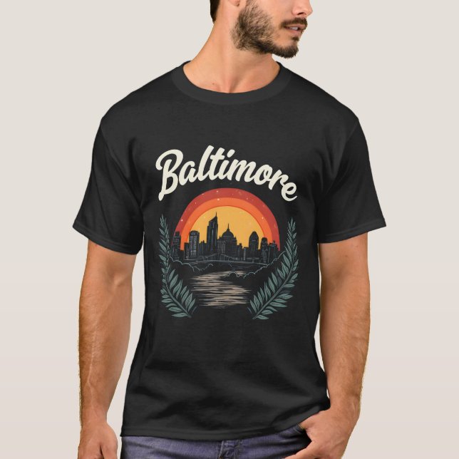 Baltimore Retro Skyline with Sunset  T-Shirt (Front)