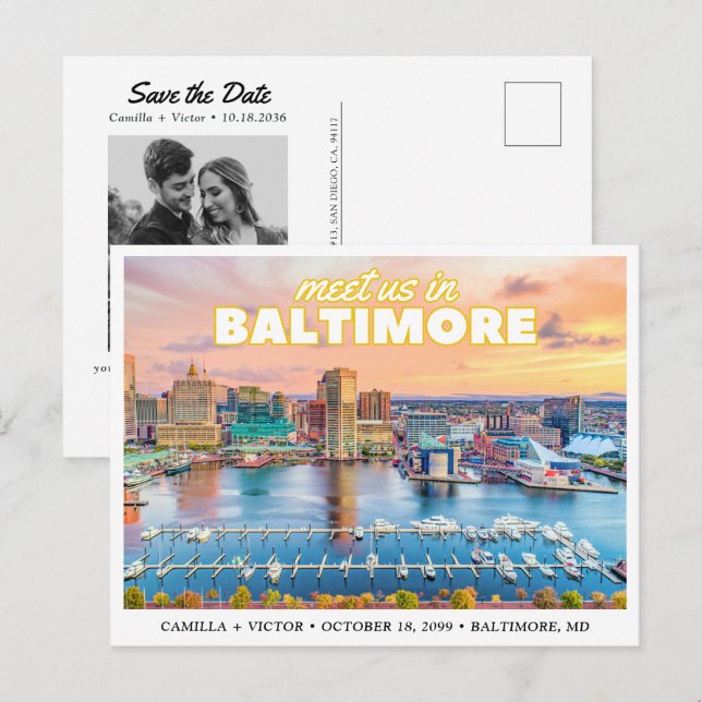 Baltimore Save the Date Retro Skyline Postcard (Front/Back)