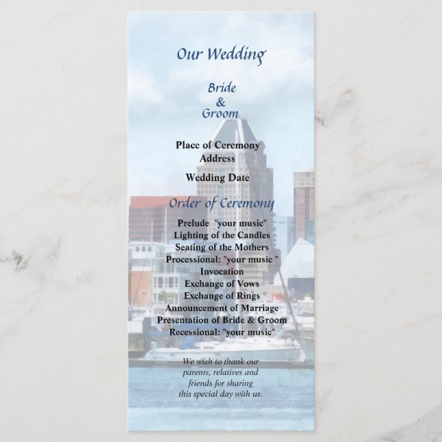Baltimore Skyline and Harbor Wedding Program (Front)