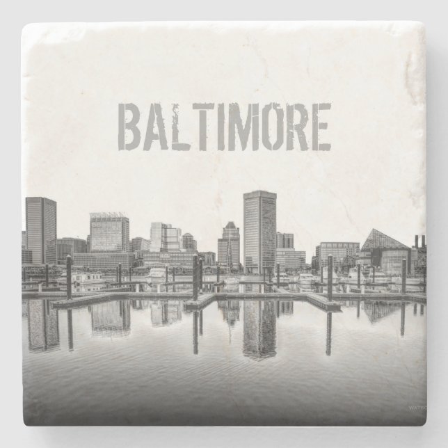 Baltimore Skyline - Black and White Stone Coaster (Front)