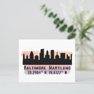 Baltimore Skyline Latitude and Longitude Postcard