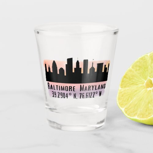 Baltimore Skyline Latitude and Longitude  Shot Glass