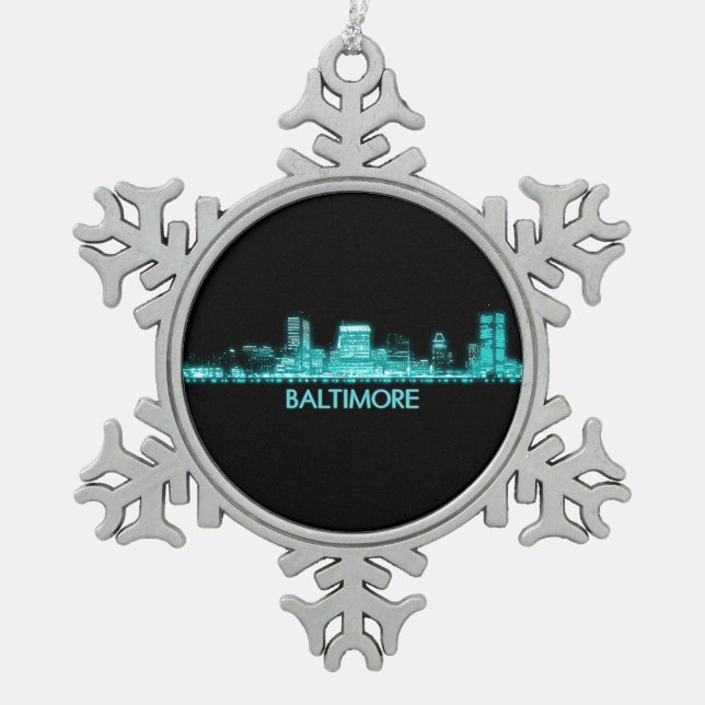 Baltimore Skyline Snowflake Pewter Christmas Ornament (Front)