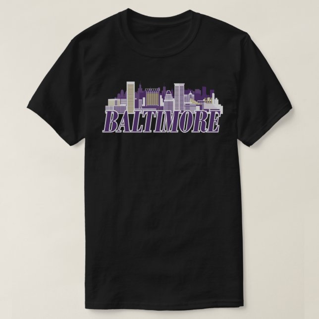 Baltimore Skyline Text Purple Gold T-Shirt (Design Front)