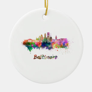 Baltimore V2 skyline in watercolor Ceramic Ornament